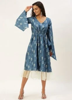 Blue Digital Printed Kaftan Dress After Six Wear Festive Wear -C Bazaar Shop Blue Digital Printed Kaftan Dress DRBS02211026 u