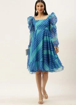 Blue Digital Printed Organza Dress After Six Wear -C Bazaar Shop Blue Digital Printed Organza Dress DRBS02205866 u