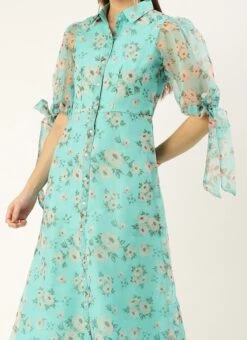 Blue Digital Printed Organza Kurti Festive Wear