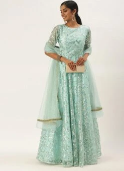 Blue Embroidered Floor Length Bridal Gown Party Wear -C Bazaar Shop Blue Embroidered Floor Length Bridal Gown IWBS02007368 u