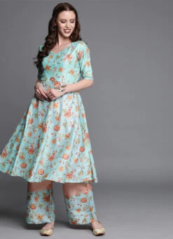 Blue Embroidered N Peach Kurta N Wide Leg Pant Festive Wear -C Bazaar Shop Blue Embroidered N Peach Kurta N Wide Leg Pant KSBS01911765 u