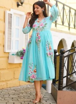 Blue Faux Chiffon Digital Print Fit And Flare Dress After Six Wear -C Bazaar Shop Blue Faux Chiffon Digital Print Fit And Flare Dress DRSSUF1302 u