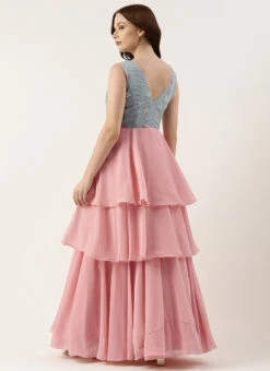 Blue Georgette Embroidered V Neck Pink Gown Party Wear -C Bazaar Shop Blue Georgette Embroidered V Neck Pink Gown IWBS02301794 b