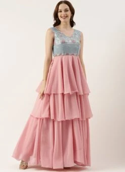 Blue Georgette Embroidered V Neck Pink Gown Party Wear -C Bazaar Shop Blue Georgette Embroidered V Neck Pink Gown IWBS02301794 u