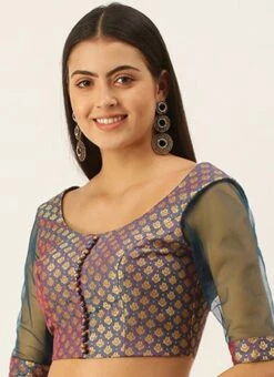 Blue Jacquard Blouse Festive Wear 10 Blue Jacquard Blouse Festive Wear -C Bazaar Shop Blue Jacquard Blouse BLBS02305286 u