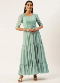 Blue Modal Satin N Geogette Flare Dress Festive Wear -C Bazaar Shop Blue Modal Satin N Geogette Flare Dress DRBS02301788 u