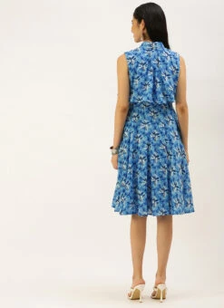 Blue Muslin Printed Mini Dress Party Wear -C Bazaar Shop Blue Muslin Printed Mini Dress DRBS02208444 b