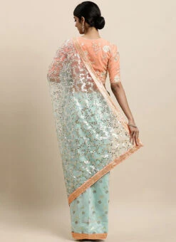 Blue N Mauve Low V Neck Saree Wedding Wear -C Bazaar Shop Blue N Mauve Low V Neck Saree SABS02007393 b