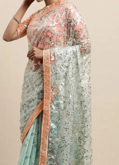 Blue N Mauve Low V Neck Saree Wedding Wear