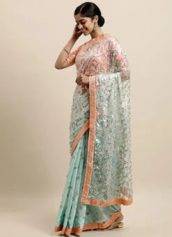 Blue N Mauve Low V Neck Saree Wedding Wear -C Bazaar Shop Blue N Mauve Low V Neck Saree SABS02007393 u