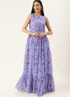 Blue N Pink Digital Printed Georgette Tiered Dress After Six Wear Festive Wear -C Bazaar Shop Blue N Pink Digital Printed Georgette Tiered Dress DRBS02104273 u 1