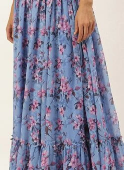 Blue N Pink Digital Printed Georgette Tiered Skirt Festive Wear