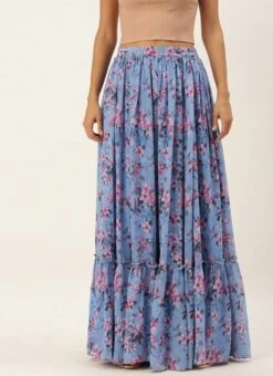 Blue N Pink Digital Printed Georgette Tiered Skirt Festive Wear -C Bazaar Shop Blue N Pink Digital Printed Georgette Tiered Skirt WBBS02012681 u