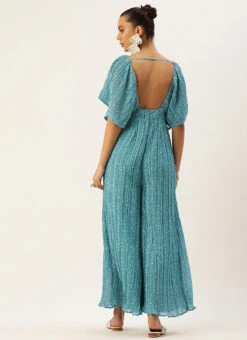 Blue N White Printed Pleated Georgette Jumpsuit Festive Wear After Six Wear -C Bazaar Shop Blue N White Printed Pleated Georgette Jumpsuit DRBS02211146 b