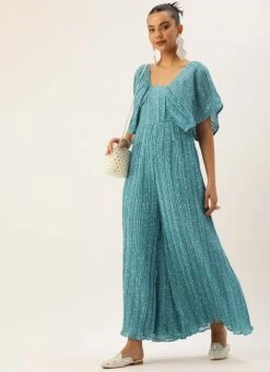 Blue N White Printed Pleated Georgette Jumpsuit Festive Wear After Six Wear -C Bazaar Shop Blue N White Printed Pleated Georgette Jumpsuit DRBS02211146 u
