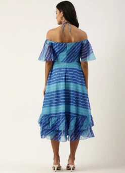 Blue Organza Printed Dress Party Wear -C Bazaar Shop Blue Organza Printed Dress DRBS02205967 b