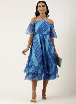 Blue Organza Printed Dress Party Wear -C Bazaar Shop Blue Organza Printed Dress DRBS02205967 u