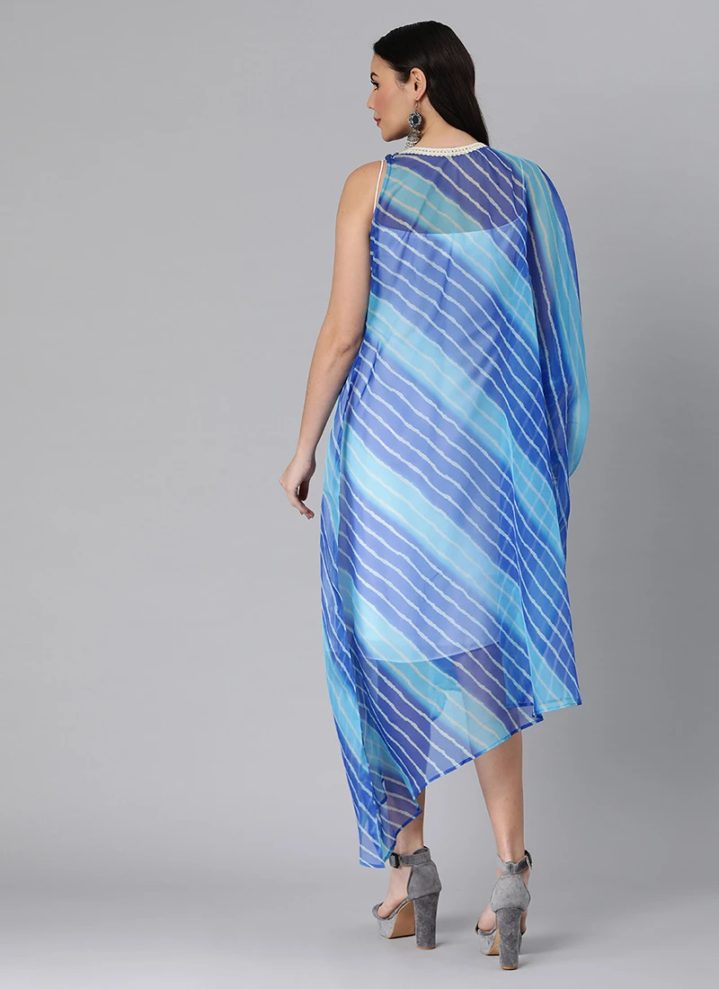 Blue Organza Printed Kaftan Dress Festive Wear 4 Blue Organza Printed Kaftan Dress Festive Wear - Image 4
