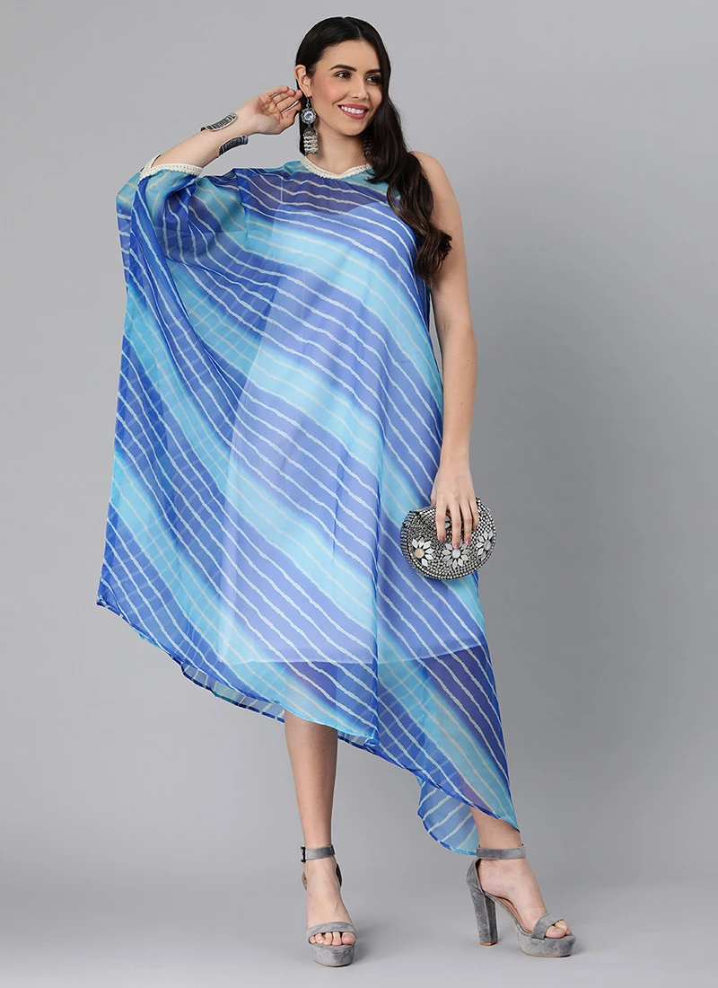 Blue Organza Printed Kaftan Dress Festive Wear 3 Blue Organza Printed Kaftan Dress Festive Wear - Image 3