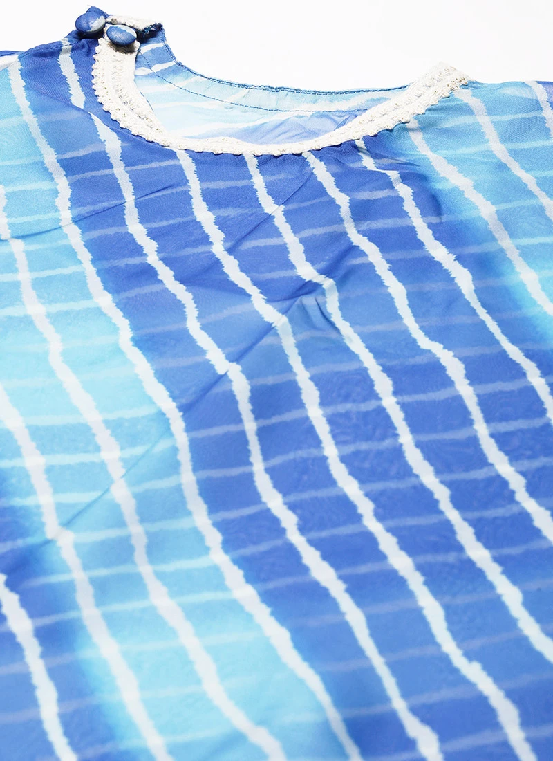 Blue Organza Printed Kaftan Dress Festive Wear 5 Blue Organza Printed Kaftan Dress Festive Wear - Image 5