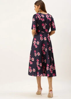Blue Printed Art Silk Fit And Flare Dress After Six Wear -C Bazaar Shop Blue Printed Art Silk Fit And Flare Dress DRBS02203484 b