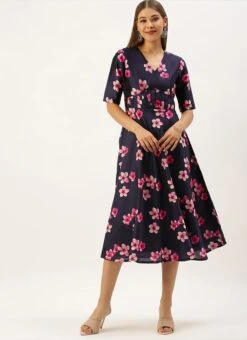 Blue Printed Art Silk Fit And Flare Dress After Six Wear -C Bazaar Shop Blue Printed Art Silk Fit And Flare Dress DRBS02203484 u