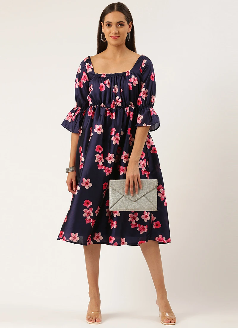 Blue Printed Art Silk Dress Festive Wear 3 Blue Printed Art Silk Dress Festive Wear - Image 3