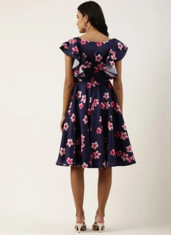 Blue Printed Art Silk Ruffled Dress Festive Wear -C Bazaar Shop Blue Printed Art Silk Ruffled Dress DRBS02205992 b