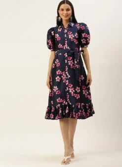 Blue Printed Art Silk Shirt Dress After Six Wear -C Bazaar Shop Blue Printed Art Silk Shirt Dress DRBS02205850 u