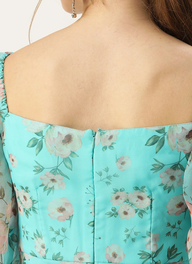 Blue Printed Organza Maxi Dress Festive Wear 6 Blue Printed Organza Maxi Dress Festive Wear - Image 6