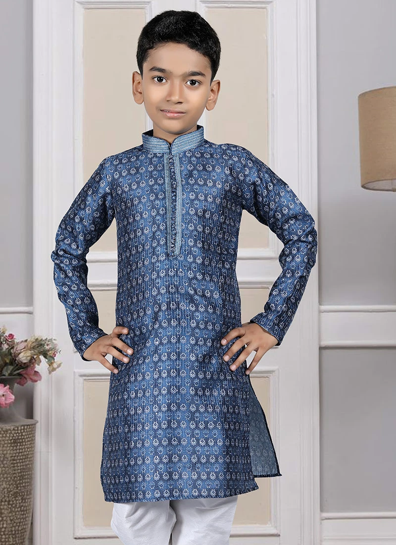 Blue Silk Printed Kurta Pyjama Party Wear 3 Blue Silk Printed Kurta Pyjama Party Wear - Image 3