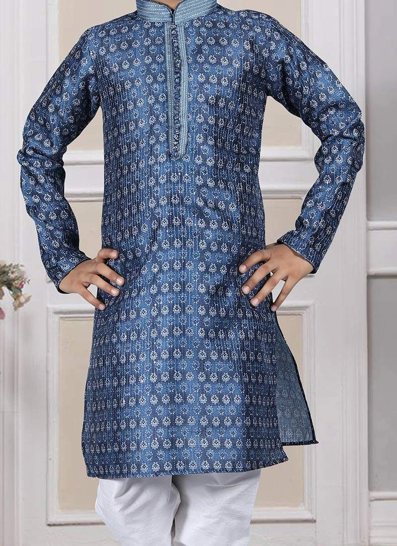 Blue Silk Printed Kurta Pyjama Party Wear 1 Blue Silk Printed Kurta Pyjama Party Wear