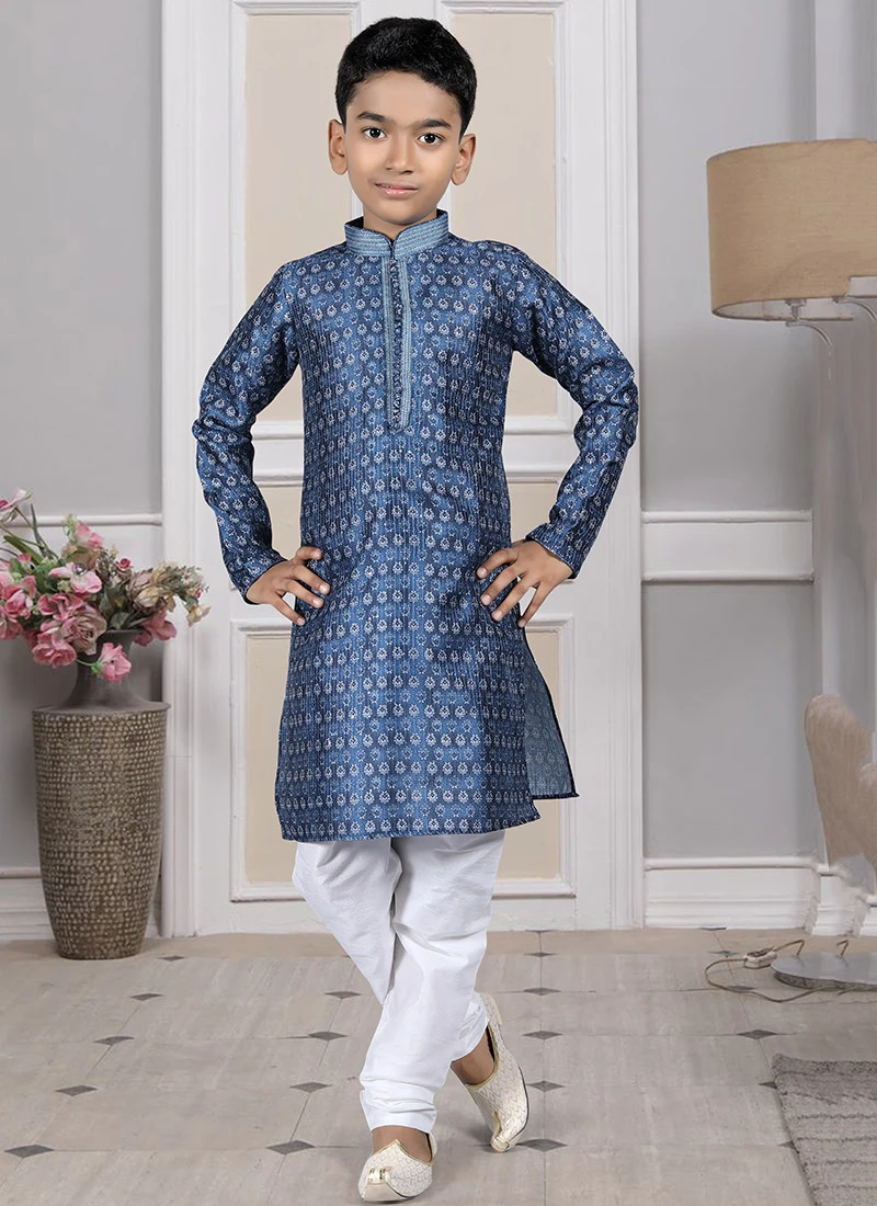 Blue Silk Printed Kurta Pyjama Party Wear 2 Blue Silk Printed Kurta Pyjama Party Wear - Image 2