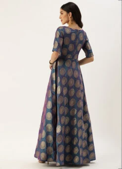 Blue Taffeta Jacquard Half Circular Dress Festive Wear -C Bazaar Shop Blue Taffeta Jacquard Half Circular Dress DRBS02204663 b