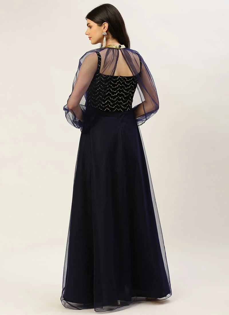 Blue Velvet Embroidered Dress With Cape Party Wear 4 Blue Velvet Embroidered Dress With Cape Party Wear - Image 4