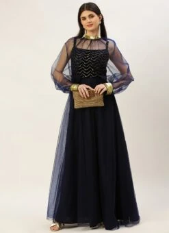 Blue Velvet Embroidered Dress With Cape Party Wear 9 Blue Velvet Embroidered Dress With Cape Party Wear -C Bazaar Shop Blue Velvet Embroidered Dress With Cape DRBS02211229 u 1