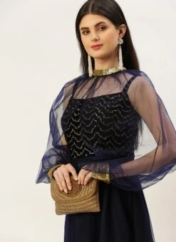 Blue Velvet Embroidered Dress With Cape Party Wear 11 Blue Velvet Embroidered Dress With Cape Party Wear -C Bazaar Shop Blue Velvet Embroidered Dress With Cape DRBS02211229 rrc1 1