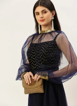 Blue Velvet Embroidered Dress With Cape Party Wear Festive Wear -C Bazaar Shop Blue Velvet Embroidered Dress With Cape DRBS02211229 rrc1