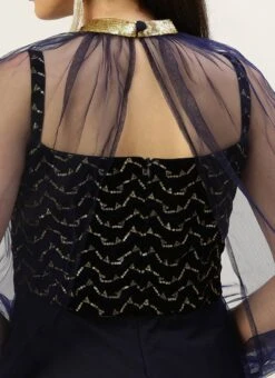 Blue Velvet Embroidered Dress With Cape Party Wear 12 Blue Velvet Embroidered Dress With Cape Party Wear -C Bazaar Shop Blue Velvet Embroidered Dress With Cape DRBS02211229 rrc2 1