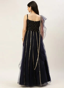 Blue Velvet Embroidered Gown With Dupatta Party Wear -C Bazaar Shop Blue Velvet Embroidered Gown With Dupatta IWBS02212536 b