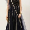 Blue Velvet Embroidered Gown With Dupatta Party Wear