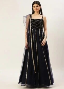 Blue Velvet Embroidered Gown With Dupatta Party Wear -C Bazaar Shop Blue Velvet Embroidered Gown With Dupatta IWBS02212536 u