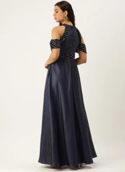 Blue Velvet Embroidered Off Shoulder Dress Festive Wear Party Wear -C Bazaar Shop Blue Velvet Embroidered Off Shoulder Dress DRBS02211083 b