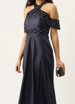 Blue Velvet Embroidered Off Shoulder Dress Festive Wear Party Wear