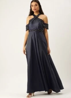 Blue Velvet Embroidered Off Shoulder Dress Festive Wear Party Wear -C Bazaar Shop Blue Velvet Embroidered Off Shoulder Dress DRBS02211083 u