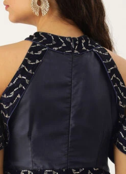 Blue Velvet Embroidered Off Shoulder Dress Festive Wear Party Wear -C Bazaar Shop Blue Velvet Embroidered Off Shoulder Dress DRBS02211083 rrc2