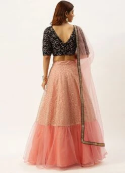Blue Velvet N Peach Embroidered Pleated Lehenga Wedding Wear -C Bazaar Shop Blue Velvet N Peach Embroidered Pleated Lehenga GHBS02008816 b
