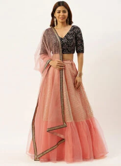 Blue Velvet N Peach Embroidered Pleated Lehenga Wedding Wear -C Bazaar Shop Blue Velvet N Peach Embroidered Pleated Lehenga GHBS02008816 u