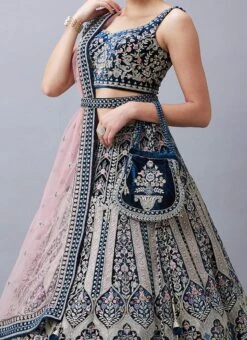 Blue Velvet Resham N Hand Work Umbrella Lehenga Choli With Dupatta Wedding Wear