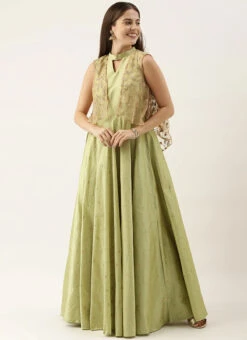 Ethnovog Pista Green Jacket Style Gown Party Wear -C Bazaar Shop Bollywood Vogue Custom Made Jacket Style Gown IWBV01904923 u